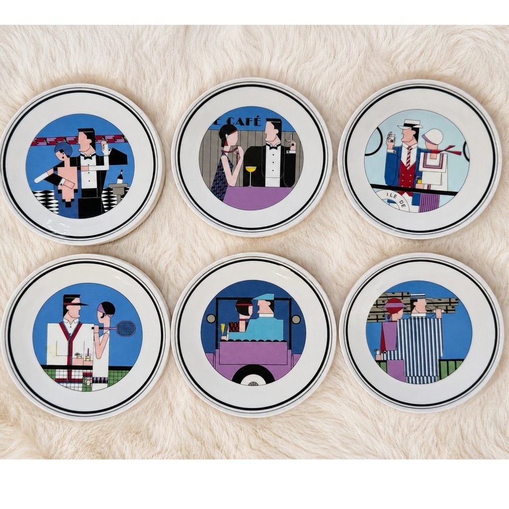 Philippe Deshoulieres Roaring Twenties Porcelain Canape Plates Set 6 France Deco